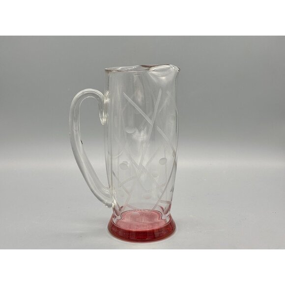 Vintage Mid Century Modern Pink Base Etched Cocktail Pitcher - Picture 3 of 8
